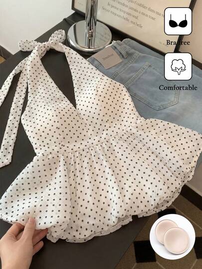 SHEIN 优雅法式风情女士上衣，内置胸垫，无需内衣，波点吊带系腰喇叭形上衣，适合夏季度假穿着