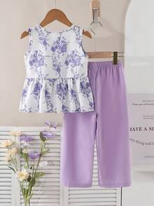 SHEIN Vintaside Kids 女童夏季新款碎花两件套，紫色蝴蝶结装饰无袖上衣+配套阔腿裤，甜美可爱休闲装，夏季 - 紫色 - 查看 2