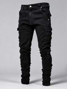 ROMWE MEN Street Life Quần jeans nam có túi bên hông, phong cách Grunge - màu đen - Xem 1