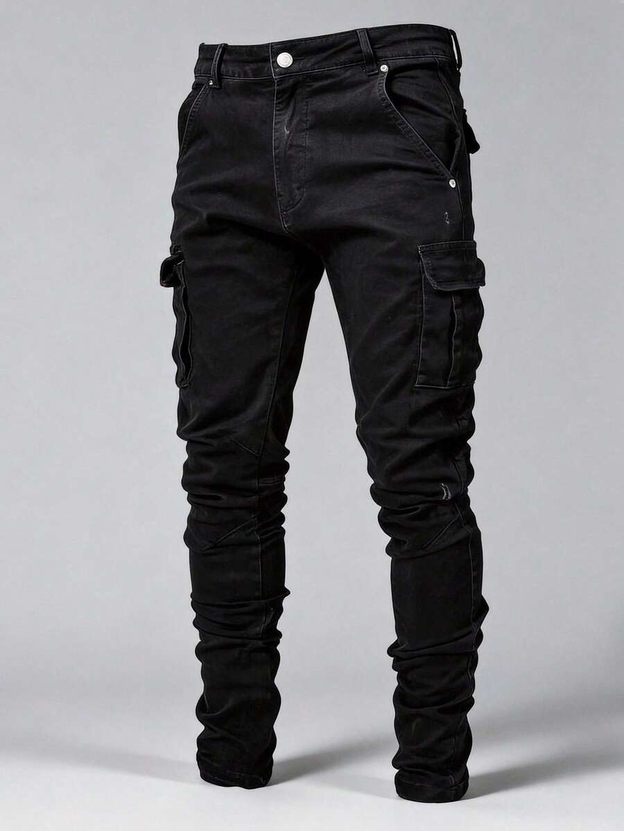 ROMWE MEN Street Life Quần jeans nam có túi bên hông, phong cách Grunge - màu đen - Xem 1