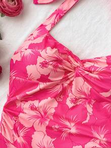 SHEIN Đầm ngắn ôm dáng cổ yếm xếp ly in hoa cho bé gái tuổi teen, họa tiết hoa dâm bụt hồng, thích hợp cho kỳ nghỉ xuân hè ở bãi biển, dự tiệc không tay thời trang, hẹn hò, ngày Valentine, lễ Phục sinh, lễ hội hóa trang, kỳ nghỉ trên du thuyền. - Màu Hồng Tươi - Xem 8