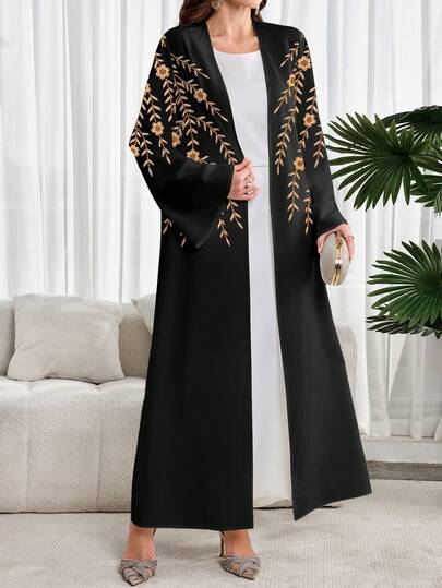 Al Najma Áo Abaya Ả Rập truyền thống, rộng rãi, in họa tiết toàn bộ, mở phía trước.
