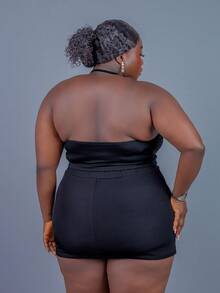 CurvyTilda Damen Große Größen Sommer weite, fließende Träger-Bluse mit Perlen-Mesh-Rücken, elegant-lässig für Urlaub, Musikfestivals und Partys - Schwarz - Übersicht 2