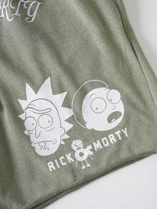 Rick and Morty X SHEIN 男士时尚百搭刺绣双腰带抽绳短裤 - 橄欖綠 - 查看 5