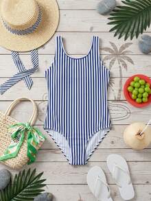 Livesso 1 bộ áo tắm liền thân kẻ sọc kín đáo cho bé gái tuổi teen, thích hợp cho kỳ nghỉ hè. - Xanh và trắng - Xem 2