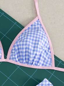 Swim Mod Spring/Summer New Blue & White Plaid Pink Trim Halter Bikini Set, Ruffle Two Pieces Swimwear For Girls - Multicolor - View 4