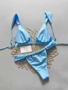 Swim Basics Bộ bikini và quần tam giác màu trơn dành cho nữ - Màu xanh lam - Xem 2