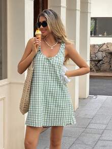 SHEIN LUNE Đầm ngắn kẻ caro dáng casual dành cho nữ, thích hợp cho kỳ nghỉ hè, đi làm và mặc hàng ngày. - màu xanh lá - Xem 5