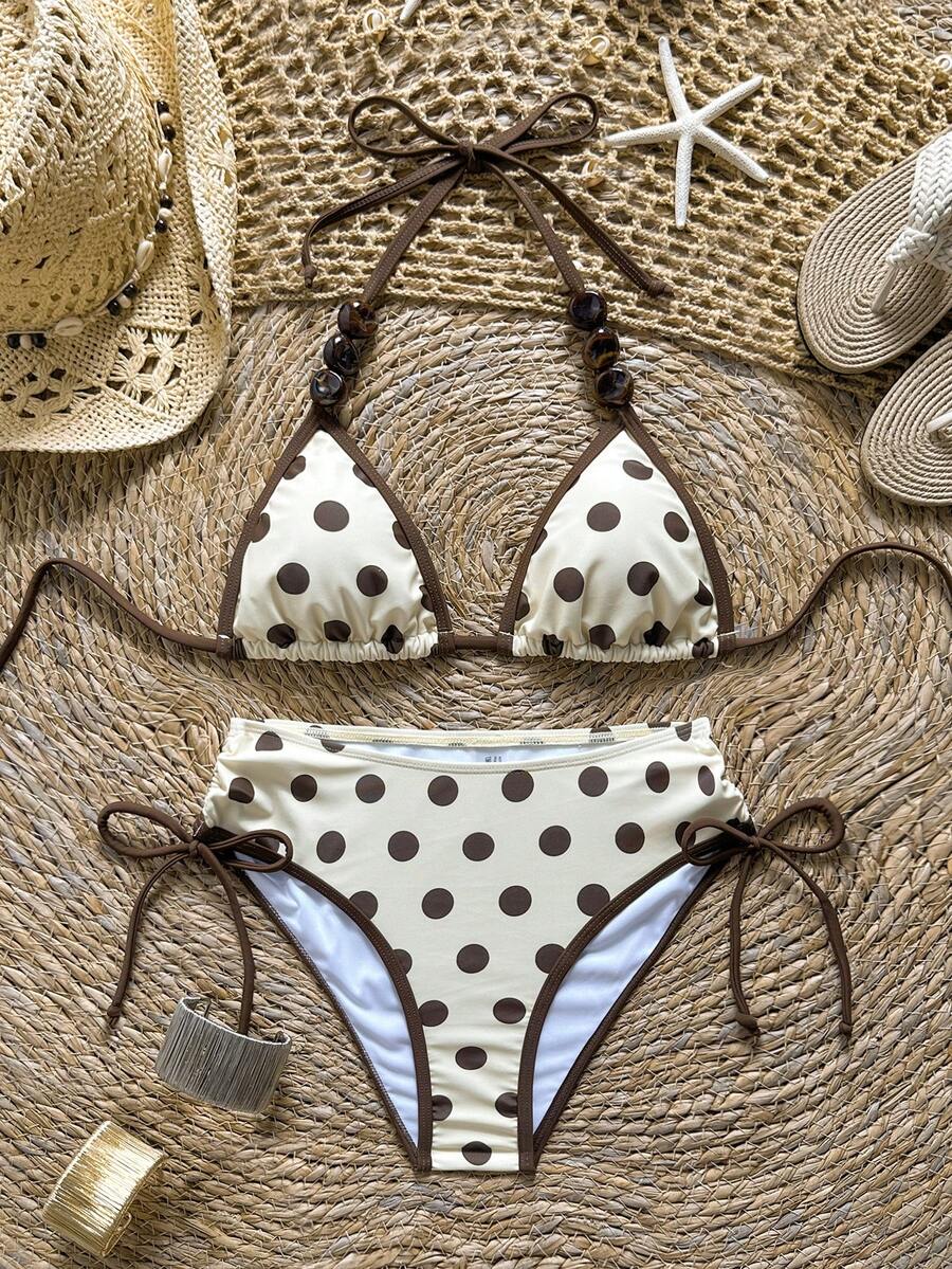 Soleia Conjunto de traje de baño de mujer con estampado de lunares y ribete de contraste - Multicolor - Ver 1