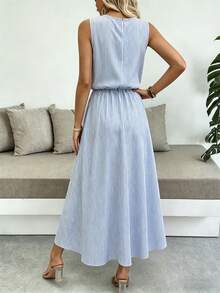 Vestido de mujer de cuello redondo sin mangas de unicolor, casual y de oficina, con cintura ceñida y bajo con abertura, vestido largo - Multicolor 8 - Ver 7