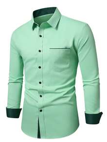 Manfinity Mode Men's Single-Breasted Casual Versatile Commuting Long Sleeve Formal Shirt, Ceremony - Green - View 4