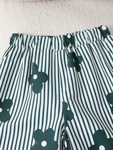SHEIN Girls' White T-Shirt + Casual Striped Straight Pants Comfortable 2-Piece Set - Green - View 5
