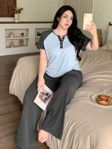 Dazy Plus Casual Contrast Color Raglan Sleeve Loose Short Sleeve Top And Loose Long Pants Plus Size Women Spring/Summer Pajama Set - Grey - View 7