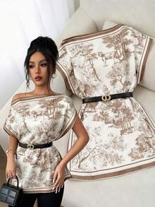 GlowEve Women's Fashionable Elegant Ink Painting Pattern Print Oblique Collar Batwing Sleeve Loose Blouse - Multicolor - View 1