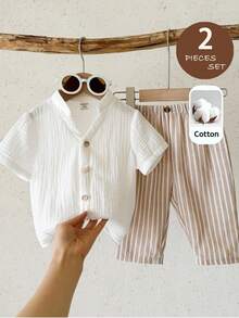 LMoss Kids Bộ 2 món áo sơ mi cổ bẻ màu trơn và quần kẻ sọc cho bé gái - Nhiều màu - Xem 3