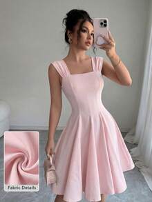 Modelyn 春夏时尚优雅修身喇叭下摆方领迷你连衣裙 - 粉色 - 查看 1