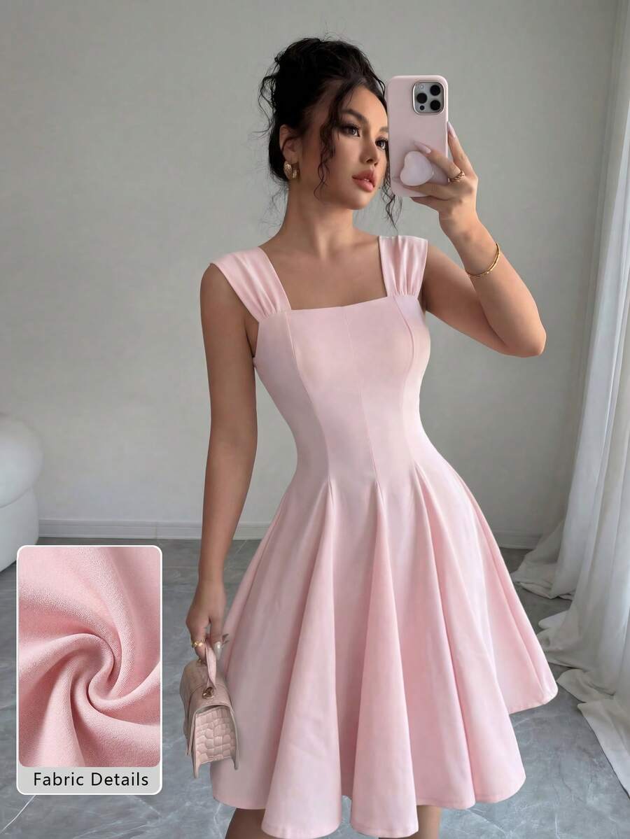 Modelyn 春夏时尚优雅修身喇叭下摆方领迷你连衣裙 - 粉色 - 查看 1
