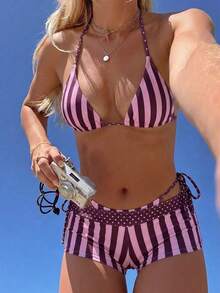 Swim Mod 夏季新款性感露背吊带三件式泳衣，条纹比基尼上衣和下装，显瘦印花三角泳裤，适合海滩、度假、蜜月旅行 - 彩色 - 查看 13