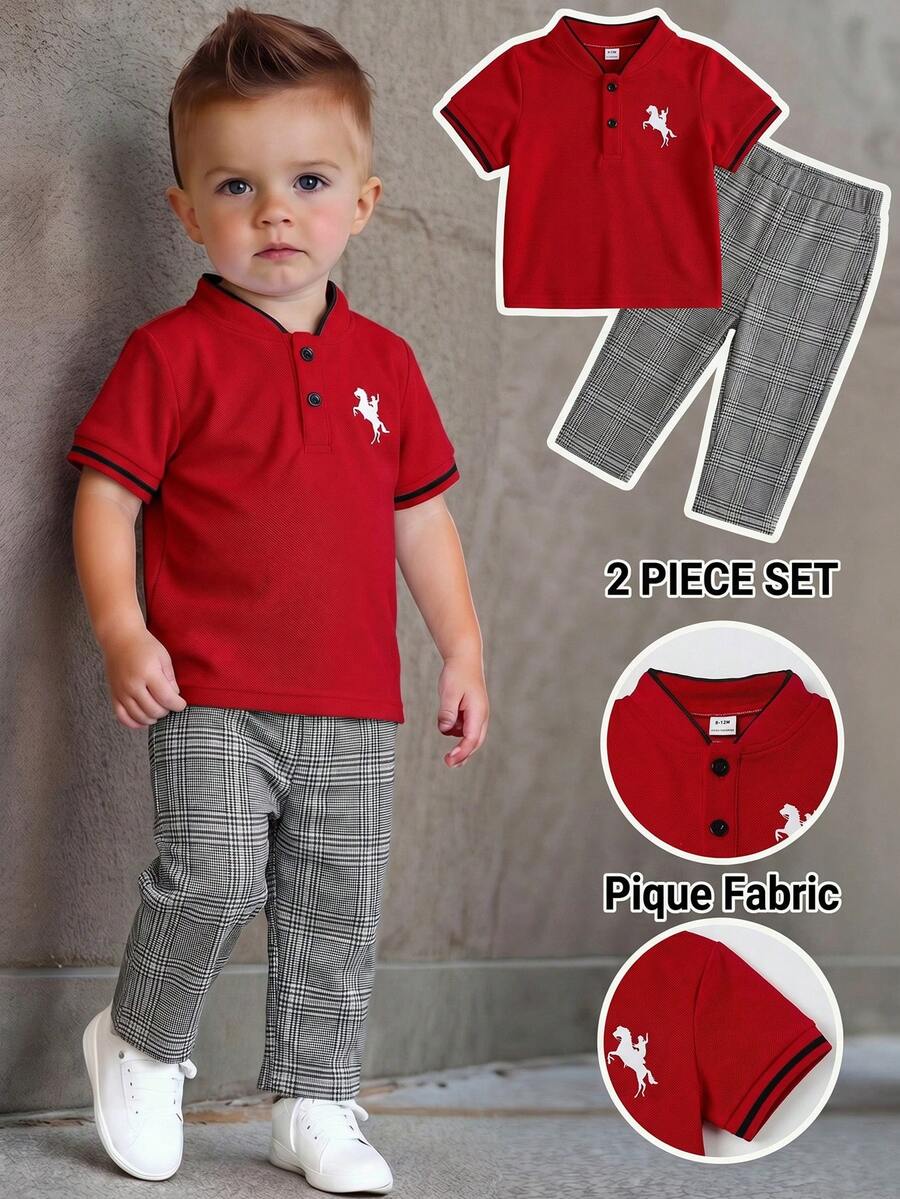 Bubblio Bộ đồ 2 món cho bé trai, gồm áo polo tay ngắn và quần kẻ caro cạp chun, kiểu dáng thường ngày, phù hợp cho tiệc sinh nhật, tiệc tối, biểu diễn, đám cưới, tiệc mừng em bé chào đời, lễ kỷ niệm sinh nhật lần thứ nhất. - Nhiều màu - Xem 1