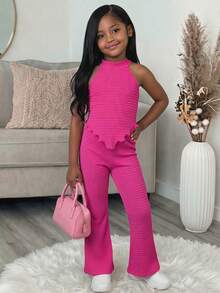 Young Girl Casual Fuchsia Knit Texture Halter Neck Top And Leggings Set - Hot Pink - View 8