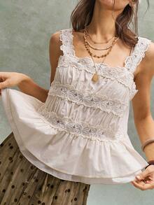 Bohemela Women's Casual Woven Contrast Lace Camisole - Apricot - View 3