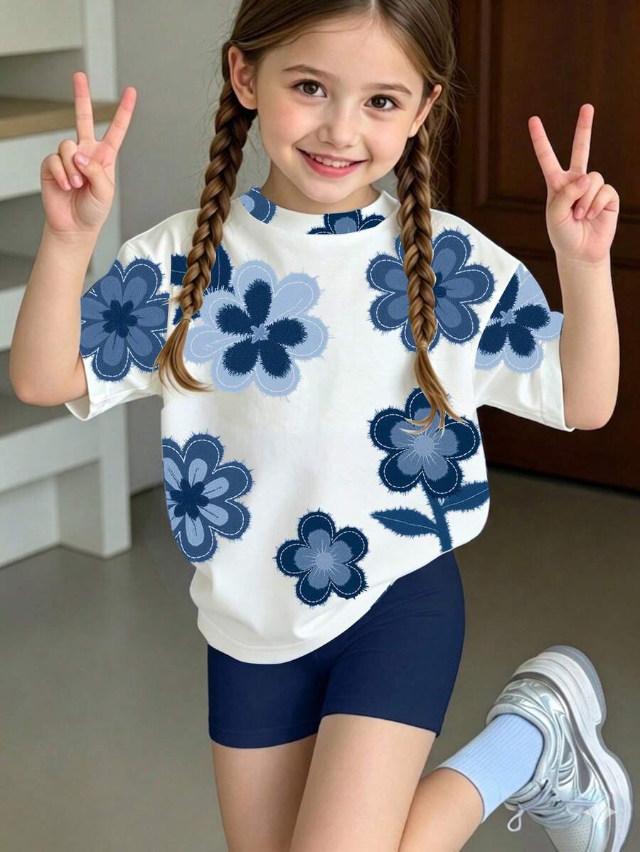 Souflis Souflis 2件套,适合4-7岁女童,复古碎花短袖上衣+藏蓝色短裤,轻薄T恤套装,适合日常穿着、上学、春夏秋季户外活动。 - 彩色 - 查看 1