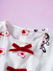 THE POWERPUFF GIRLS X SHEIN 1 chiếc đầm kiểu dáng thường ngày cho bé gái, cổ tròn, tay cánh hoa. - trắng - Xem 3