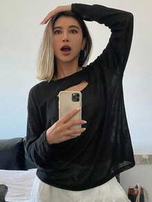 DAZY 女款純色鏤空設計圓領長袖休閒上衣校園風 - 黑色 - 查看 5