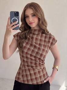 SHEIN 少女褶皱领衬衫，优雅的办公服饰，百搭时尚单品，适合工作、休闲外出、派对等场合，棕色格子图案 - 酒紅色 - 查看 3