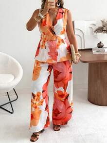 Ceyna Plus Size Women's Classic Retro Polka Dot Vest And Wide Leg Pants Set Summer Holiday Outfits - Orange - View 1