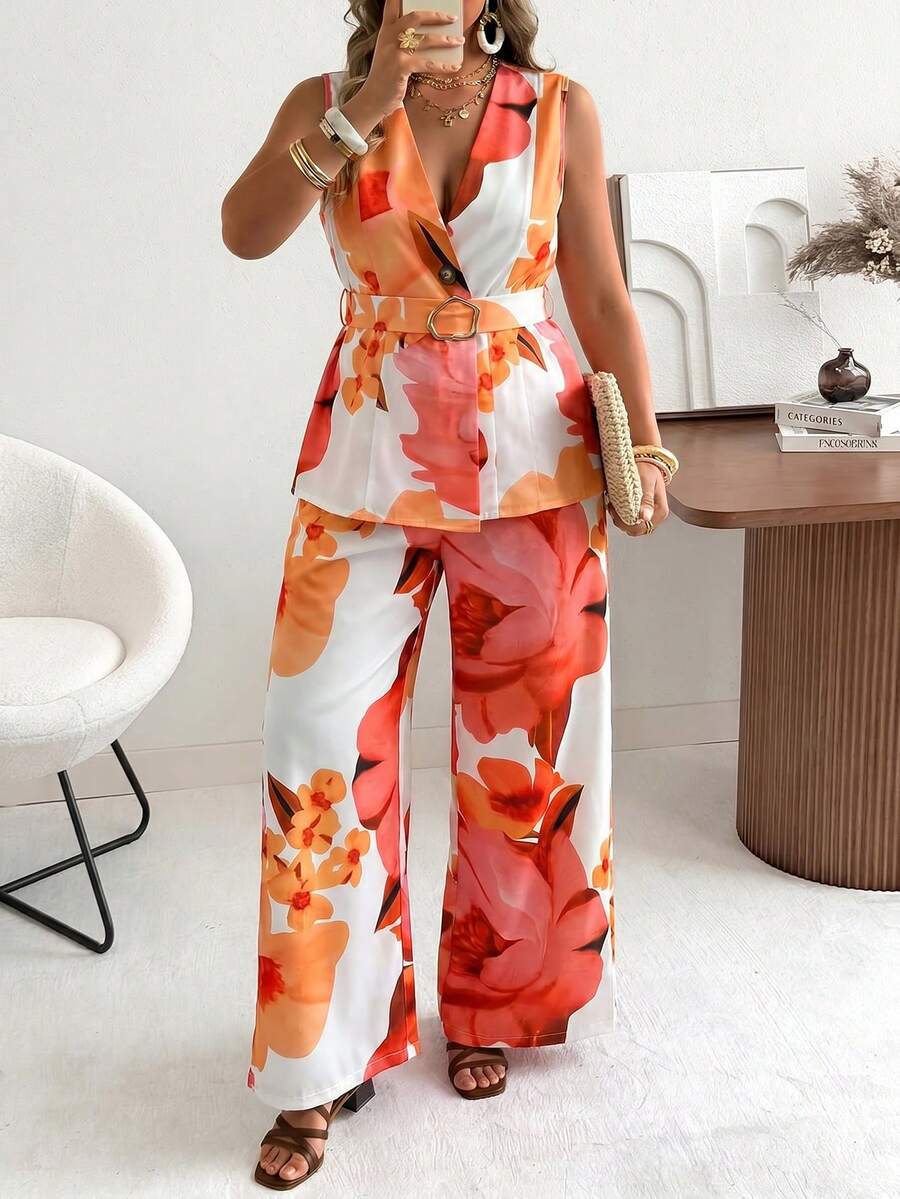 Ceyna Plus Size Women's Classic Retro Polka Dot Vest And Wide Leg Pants Set Summer Holiday Outfits - Orange - View 1