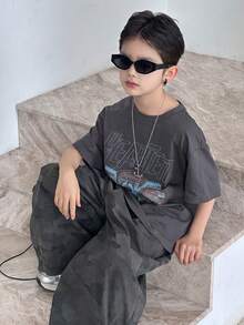 DAZY Camiseta básica de cuello redondo con diseño estampado para niños preadolescentes en verano - Gris Oscuro - Ver 3
