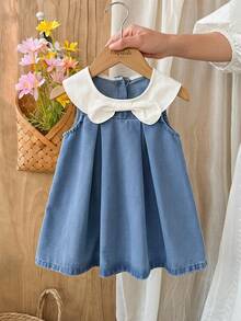SHEIN LMoss Kids Đầm ngắn không tay dáng rộng màu xanh denim cổ bướm trắng dễ thương cho bé gái - Rửa trung bình - Xem 8