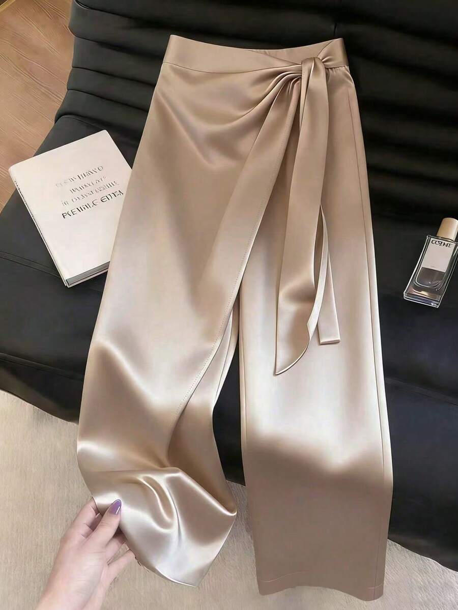 Franclia 女士优雅缎面长裤,光泽高端不对称系带阔腿裤,适合春、夏、初秋穿着 - 香檳色 - 查看 1