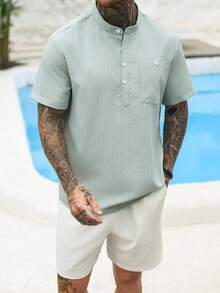 VENTUSAIL 2pcs Men's Front Button Short Sleeve Pocket Top And Shorts Set,Sage Green,Summer,Casual,Holiday,Vacation,Old Money Simple Design For Outdoor Weekend - Multicolor - View 6