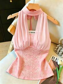 Franclia Lace Patchwork Halter Neck Sleeveless Top - Pink - View 5