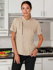 TaskEZ Women's Versatile Contrast Color Button-Up Short Sleeve Work Blouse - Apricot - View 8