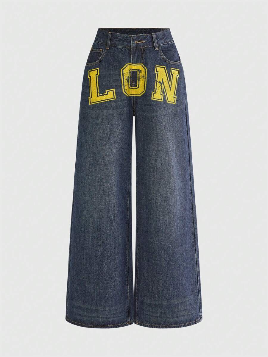 ROMWE Jeans rectos con estampado de letras de color contrastante y estilo deportivo retro Y2K para mujer - Azul - Ver 1
