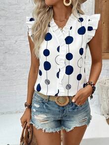 SHEIN Áo kiểu nữ cổ chữ V xếp ly, họa tiết chấm bi, thích hợp mặc mùa hè. - trắng - Xem 6