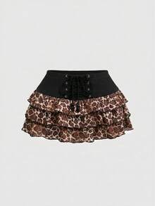 ROMWE Vintage Y2K Leopard Print Low-Waist Layered Ruffle Tie-Up Skirt For Women - Brown - View 1