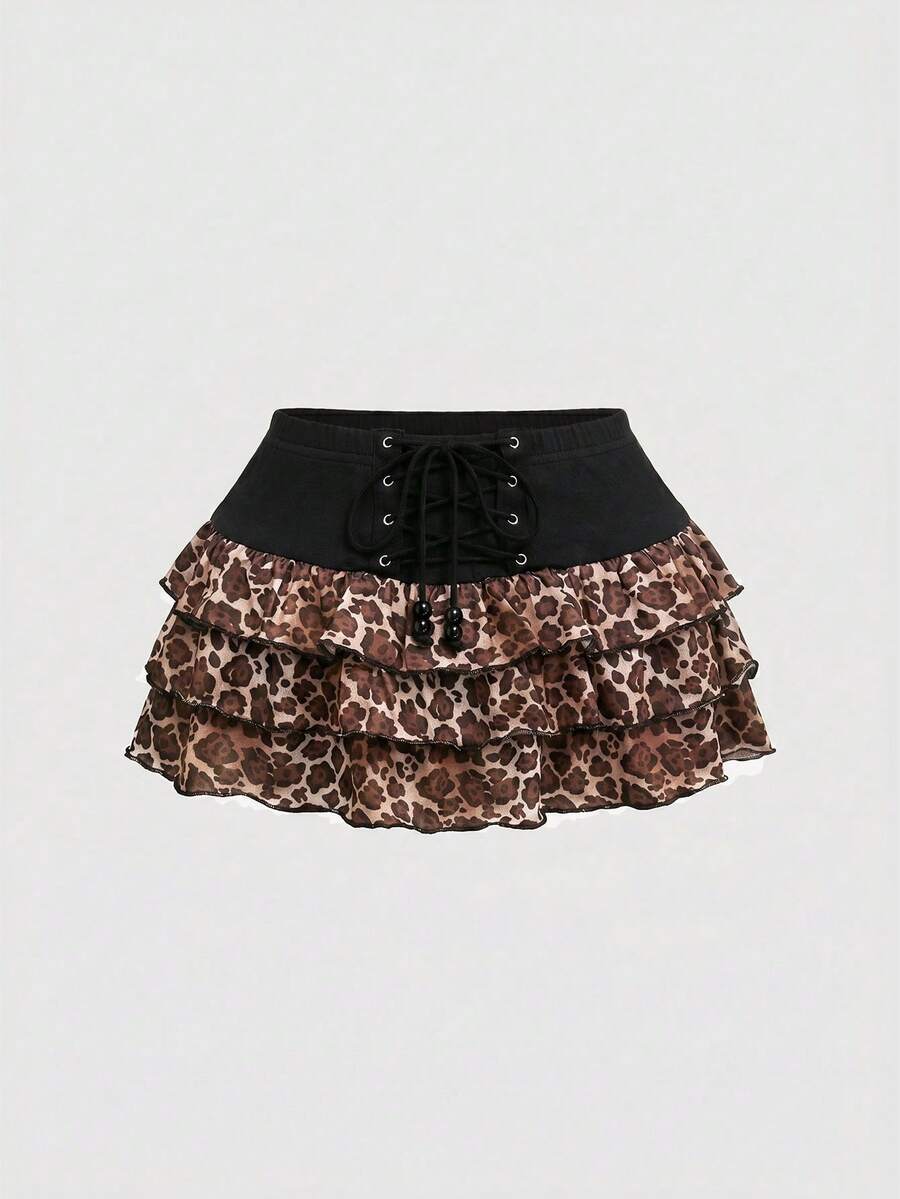 ROMWE Vintage Y2K Leopard Print Low-Waist Layered Ruffle Tie-Up Skirt For Women - Brown - View 1