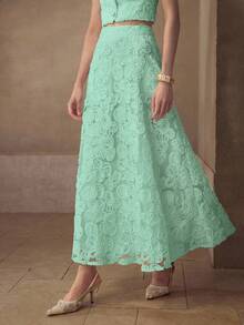 MOTF PREMIUM ELEGANT JACQUARD TEXTURED LACE A-LINE HIGH-CINCHED WAIST LONG SKIRT FOR WOMEN PARTY GREEN FLORAL SUMMER - Green - View 3
