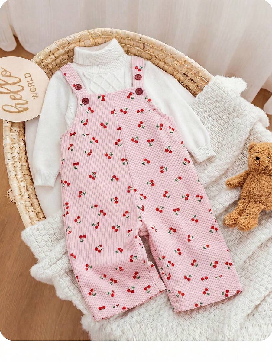 SHEIN Bộ áo liền quần in hình quả anh đào dễ thương cho bé gái - Hồng - Xem 1