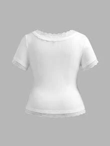 Slaydiva Áo thun nữ cỡ lớn thời trang đa năng viền ren - trắng - Xem 5