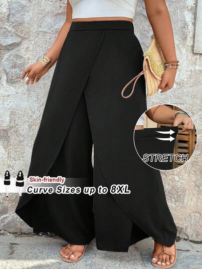 SHEIN CURVE+ Plus Size Women's Solid Color Basic Casual Business Casual Basic Casual Pants, Business Women, Women's Teacher Uniform Vacation Black Summer
