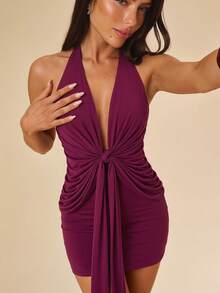 SHEIN BAE Vestido mini con cuello drapeado y espalda descubierta de malla en color morado oscuro, atuendo elegante para vacaciones y verano - Morado - Ver 6