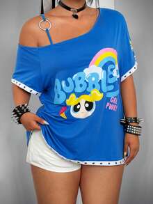 Whyspr THE POWERPUFF GIRLS X SHEIN Plus Size Women's Loose Collaboration Tee Asymmetric One-Shoulder Short Sleeve T-Shirt Y2K 2000s Rainbow Ice Cream Print Back-To-School Light Blue - Blue - View 3