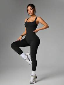 SHEIN HypeZone Damen Lässig Minimalist Strukturierter Stoff Skinny Jumpsuit, Frühling/Sommer - Schwarz - Übersicht 5