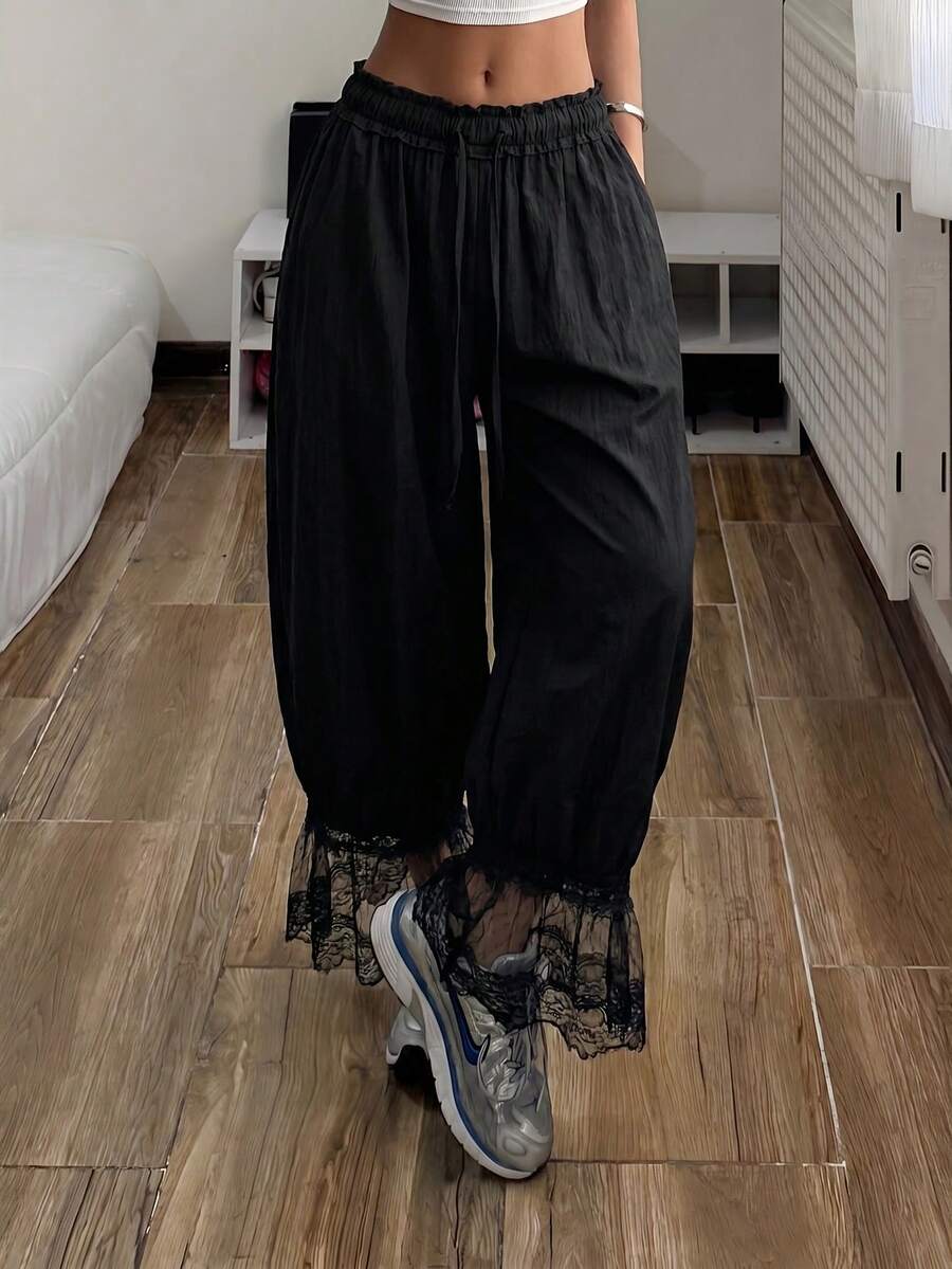 Muchica Women's Casual Fashion Street Chic Daily Commute Minimalist Versatile Black Drawstring Waist Wide Leg Pants Day Summer - Black - View 1