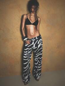 KIZN Wide Leg High Rise Zebra Print Denim Jeans With Flared Palazzo Style Silhouette Animal Print Statement Piece Fall Winter Fashion - Multicolor - View 2